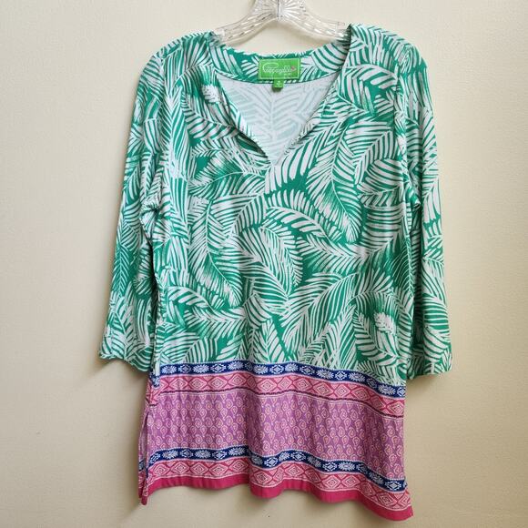 PAPPAGALLO Top Womens Medium Green Pink Palm Frond V Neck 3/4 Sleeves Tunic - Picture 1 of 13
